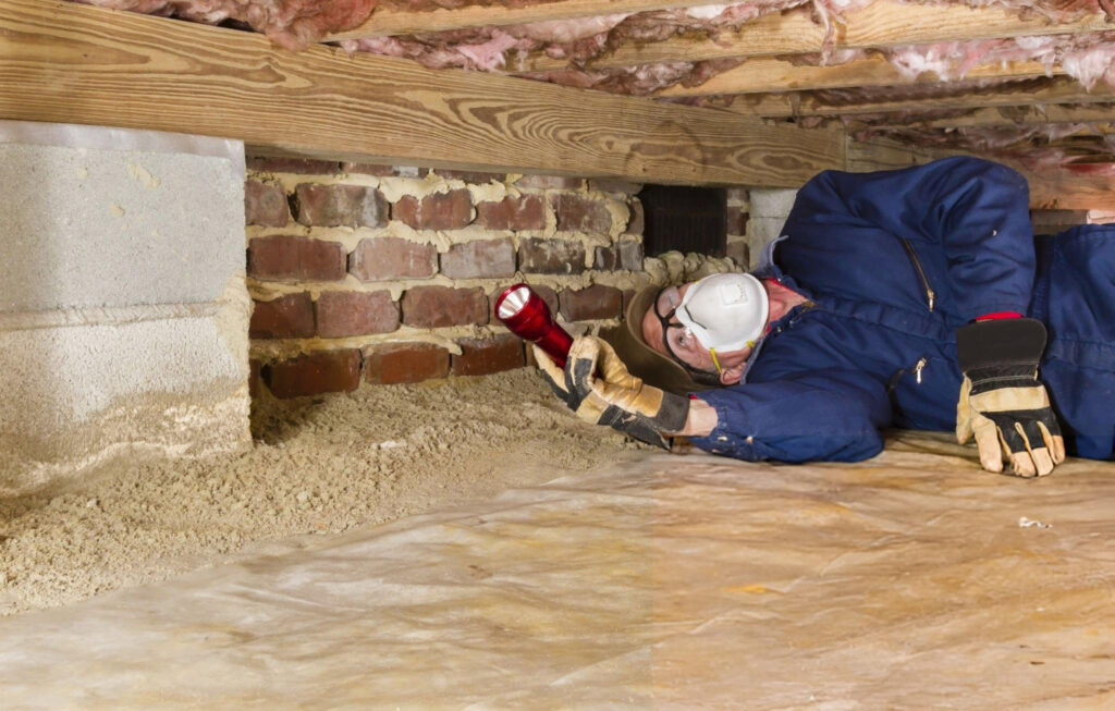 Inspector checking a crawlspace for rodent damage.