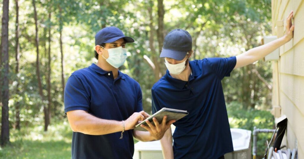 Two technicians wearing face masks consult a tablet while inspecting a residential exterior