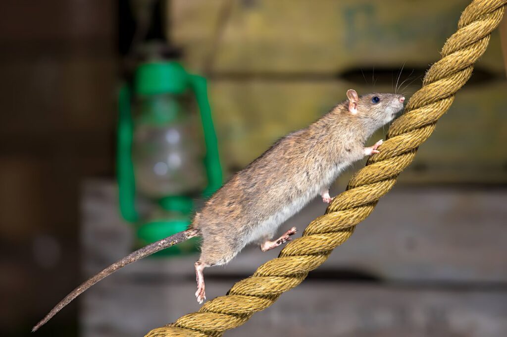 Rat climbs upward along a thick rope