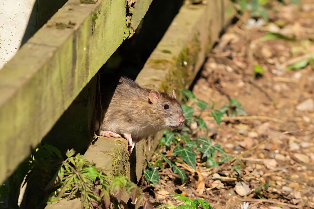Brown rat peeks out from wooden structure